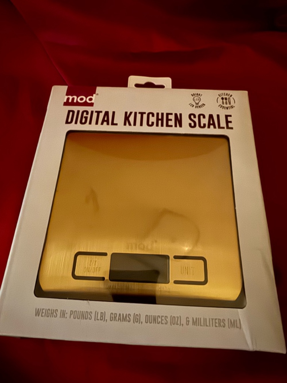 NIB- mod Digital Kitchen Scale - Weighs in LB, G, OZ, & ML